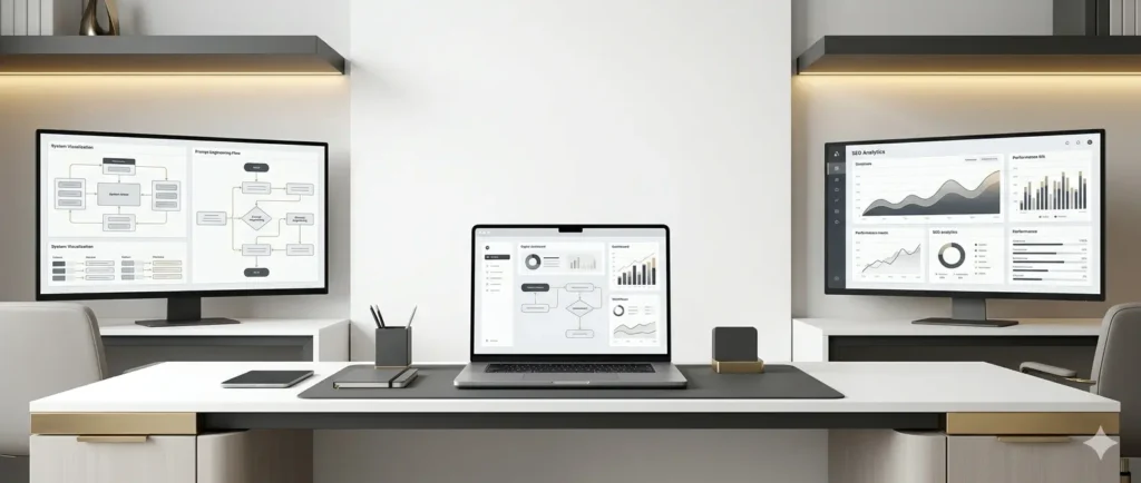 Modern AI systems and digital growth workspace for prompt engineering, SEO, and productivity learning.