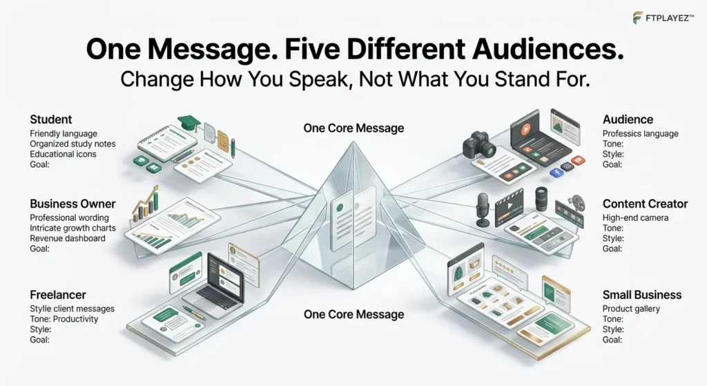 Educational illustration showing how one content message is adapted for students, business owners, freelancers, creators, and small businesses.