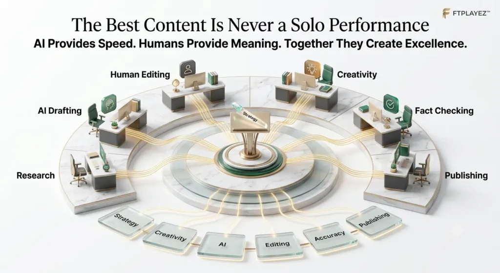 Educational illustration showing how strategy, AI, creativity, editing, fact-checking, and publishing work together to create high-quality content.