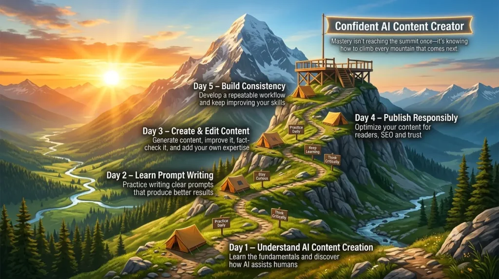 Educational mountain expedition illustrating a five-day learning journey from AI content creation beginner to confident content creator.