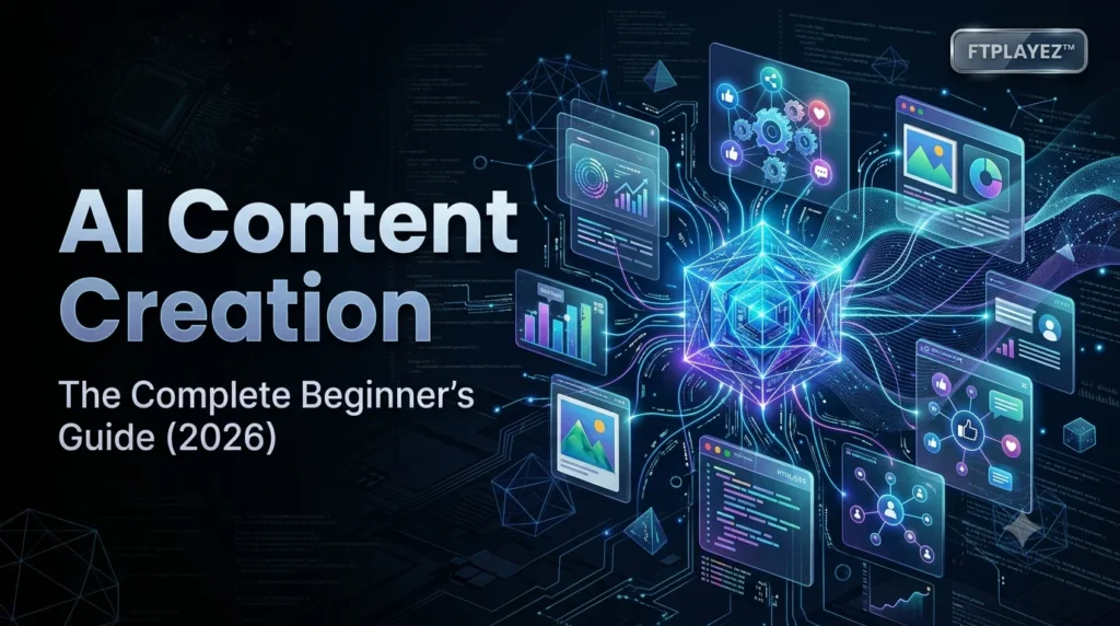 Premium featured illustration for AI Content Creation: The Complete Beginner's Guide (2026), showing a futuristic AI ecosystem where ideas transform into different forms of digital content.
