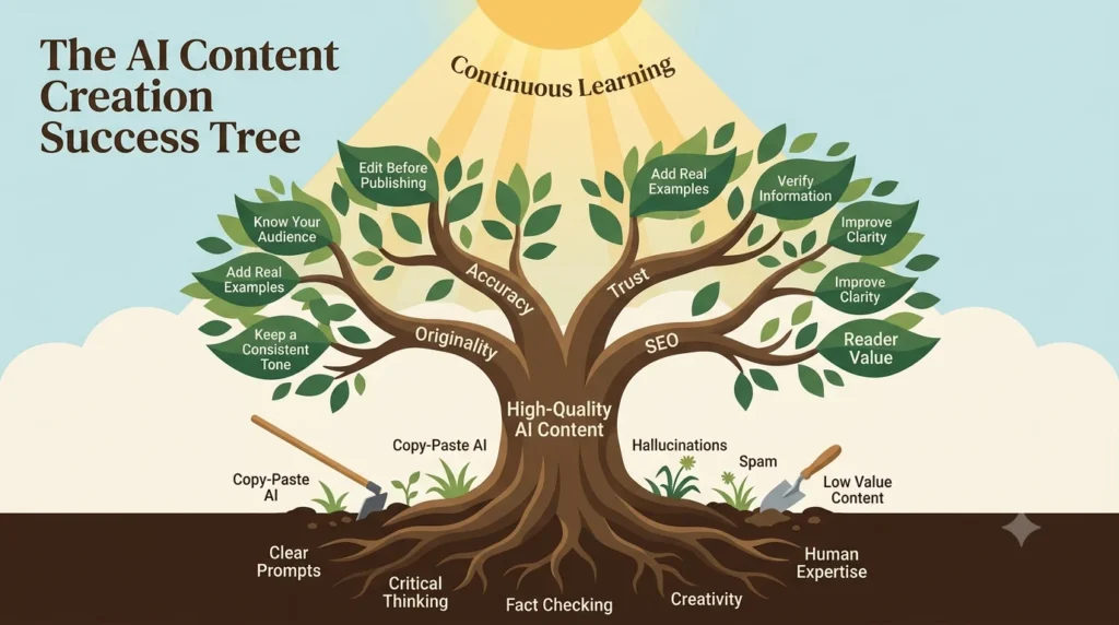 Educational illustration of the AI Content Creation Success Tree showing how strong foundations like clear prompts, creativity, and fact-checking produce high-quality content.