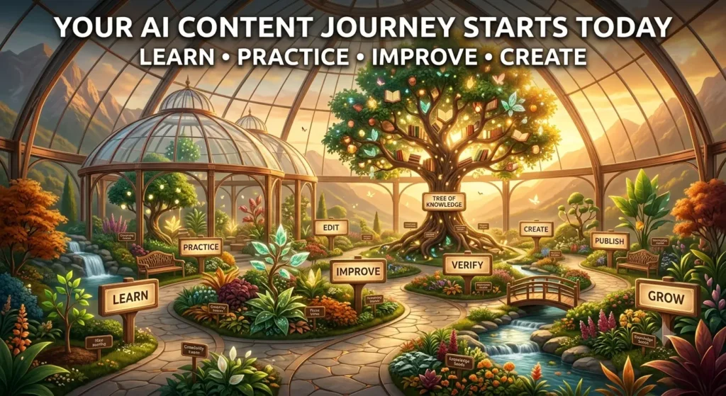 Premium FTPLAYEZ™ illustration representing the journey of becoming a skilled AI content creator through continuous learning, practice, editing, creativity, and publishing high-quality, human-centered content.