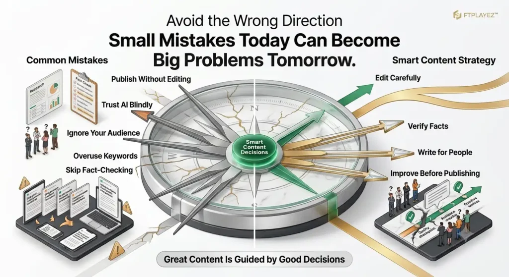 Educational illustration showing the five most common AI content marketing mistakes and the smart strategies beginners should follow to create better content.