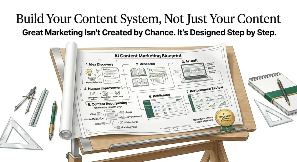Complete AI content marketing blueprint showing idea generation, research, AI drafting, editing, repurposing, publishing, and performance tracking.