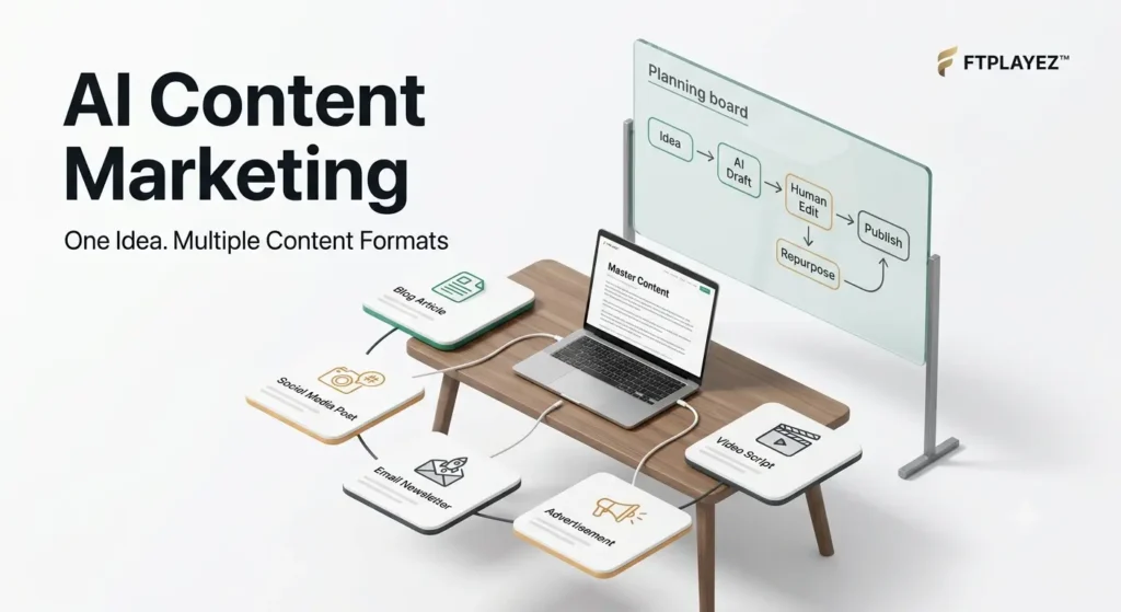 AI Content Marketing: Create Blogs, Social Media, Emails & Ads Fast Premium AI Content Marketing workflow showing how one idea becomes blogs, social media posts, emails, advertisements, video scripts, and landing pages.