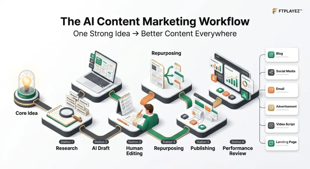 AI content marketing workflow showing research, AI drafting, human editing, repurposing, publishing, and performance analysis.