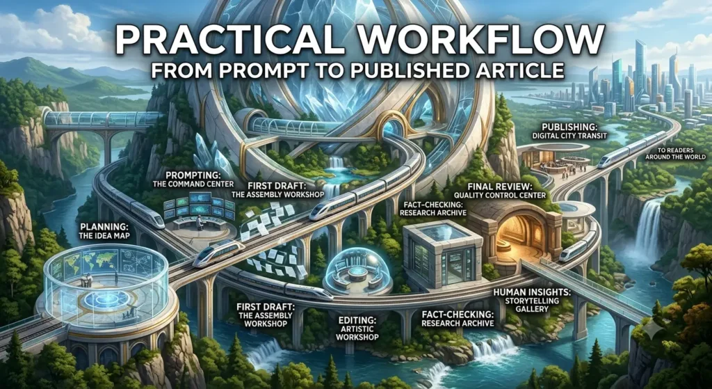 Premium FTPLAYEZ™ illustration showing the complete AI content creation workflow, including planning, prompting, drafting, editing, fact-checking, human insights, final review, and publishing high-quality content.