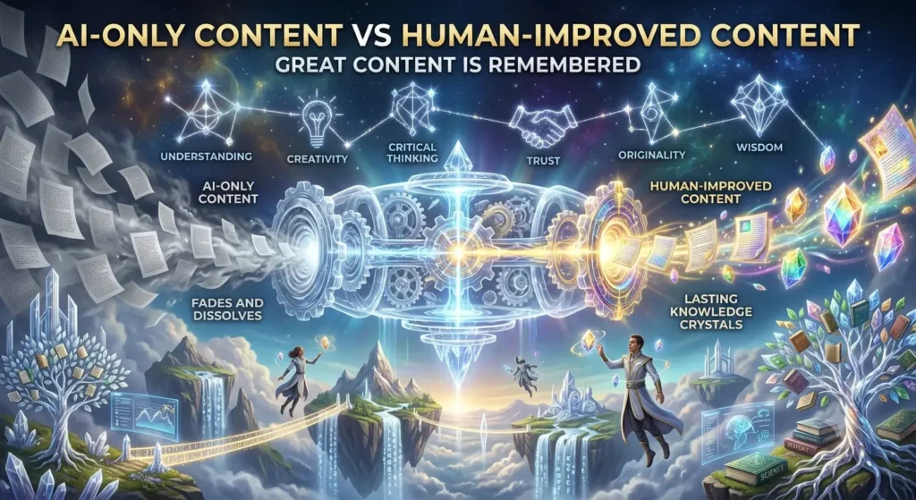Premium FTPLAYEZ™ illustration comparing AI-only content with human-improved content, highlighting how editing, creativity, critical thinking, and originality transform AI drafts into engaging, trustworthy, and memorable content.