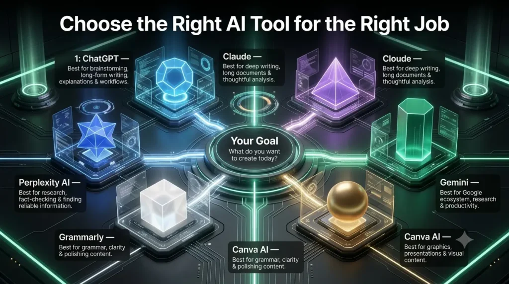 Educational comparison showing popular AI content creation tools and the specific tasks each tool is best suited for.