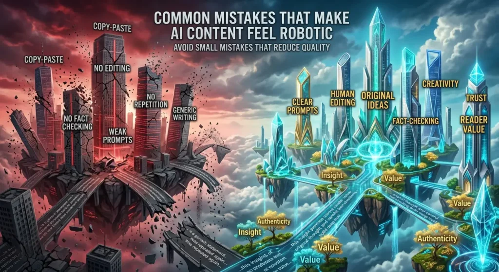 Premium FTPLAYEZ™ illustration comparing poor AI writing habits with high-quality content practices, showing how clear prompts, human editing, originality, and fact-checking improve AI-generated content.