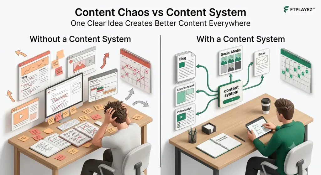 Comparison between an unorganized content workflow and a structured AI content marketing system that transforms one idea into multiple content formats.