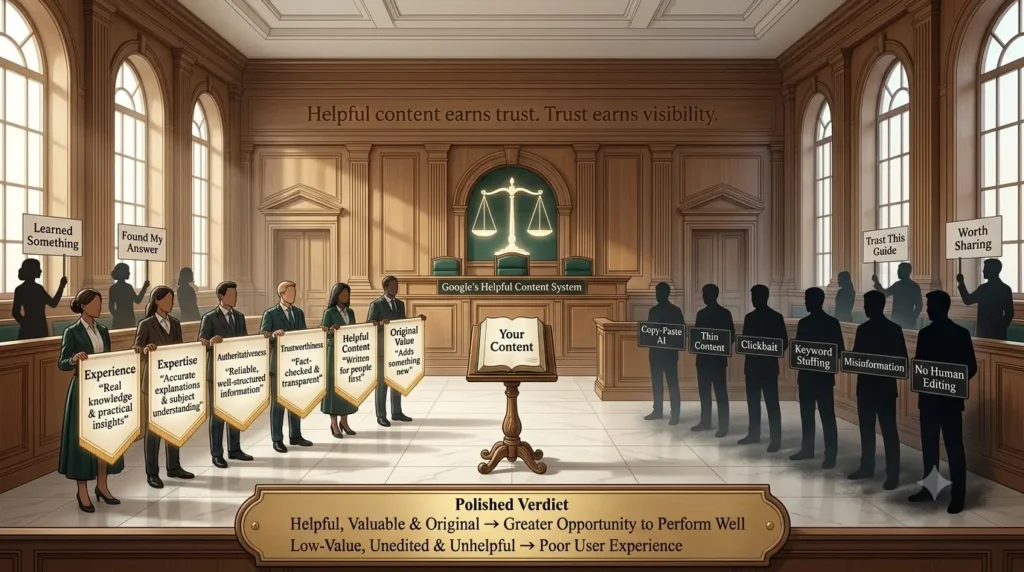 Educational courtroom illustration explaining how helpful, original, trustworthy AI-assisted content aligns with Google's people-first content principles.