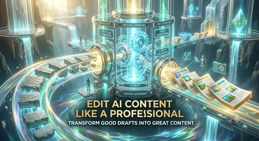 Premium FTPLAYEZ™ illustration showing AI-generated content being refined through editing, fact-checking, clarity improvements, originality, and human creativity to produce high-quality, trustworthy content.