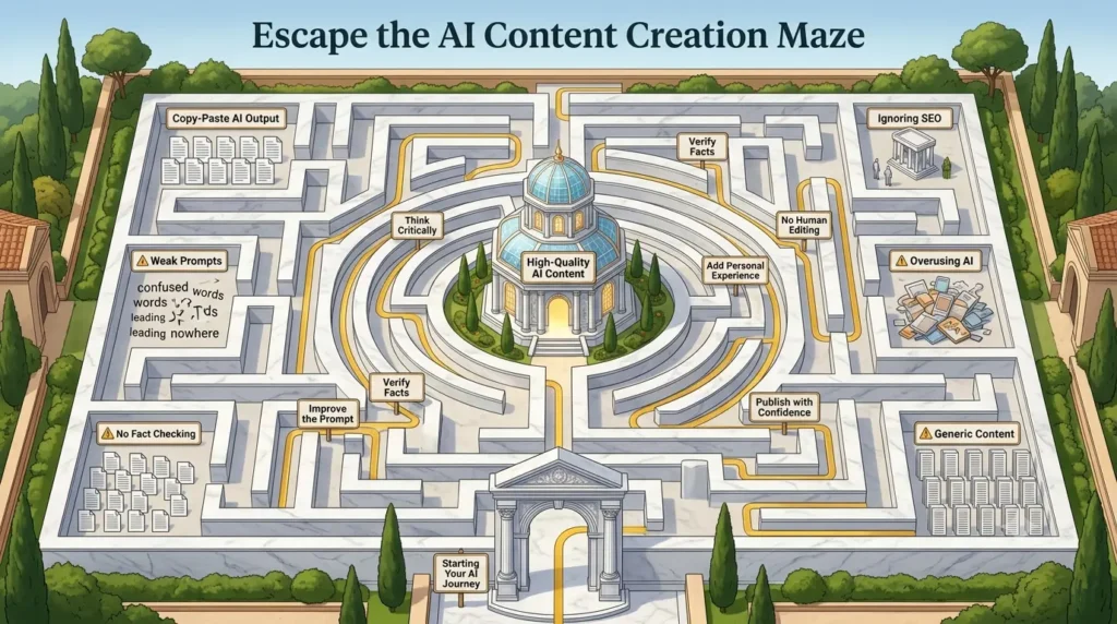 Educational maze illustrating common AI content creation mistakes and the best path toward producing high-quality, helpful content.