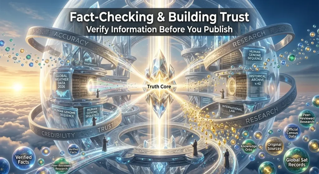 Premium FTPLAYEZ™ illustration showing the process of verifying AI-generated content using research, evidence, trusted sources, and human review to create accurate and reliable content.