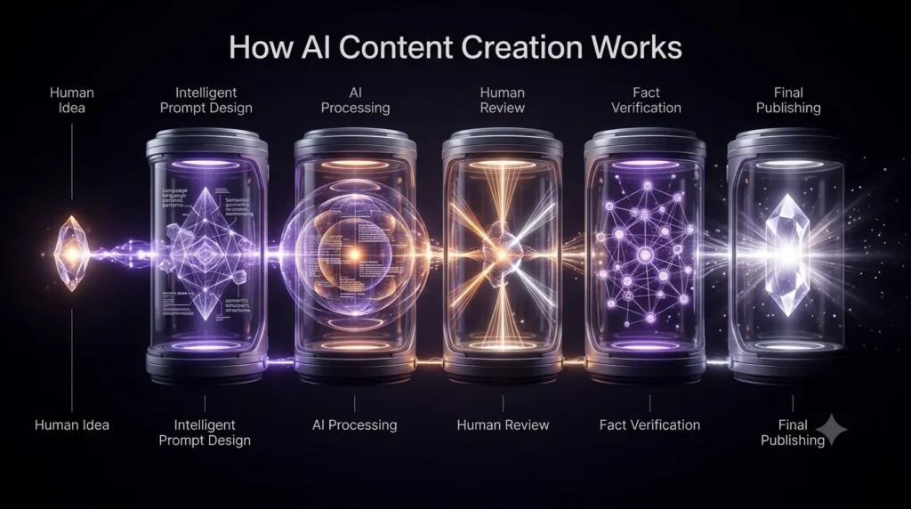 Visual workflow showing how ideas move through prompt writing, AI generation, human editing, fact-checking, and publishing to create high-quality content.