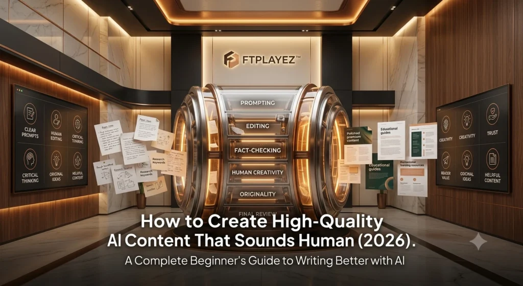 Premium FTPLAYEZ™ illustration showing the complete process of creating high-quality AI content that sounds human through prompting, editing, fact-checking, and creativity.