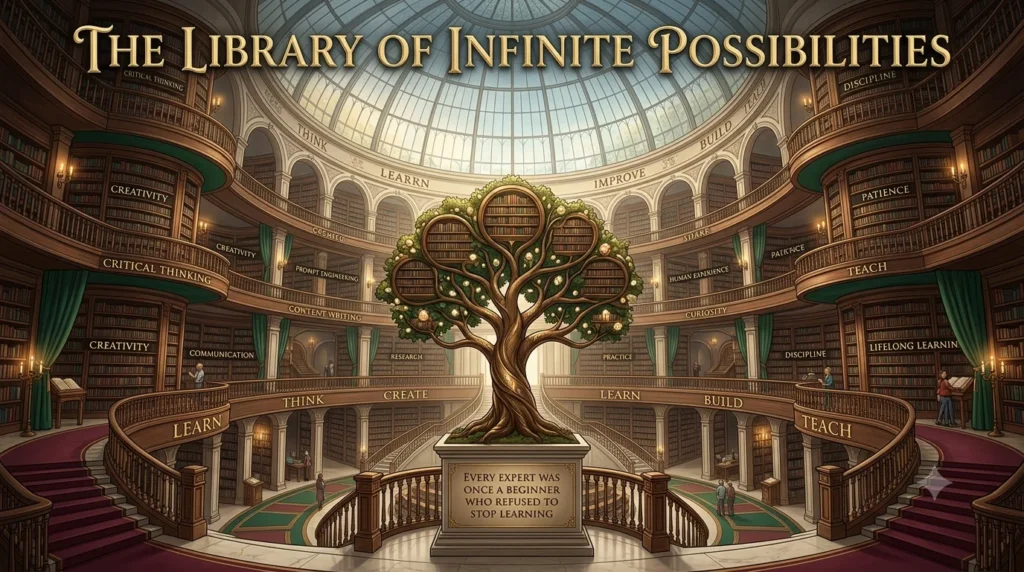 Educational illustration of the Library of Infinite Possibilities, showing a symbolic knowledge library with the Tree of Knowledge, lifelong learning pathways, and AI as a tool that supports human creativity, critical thinking, and continuous learning.
