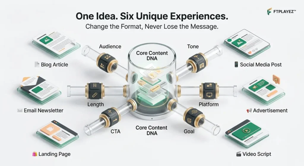 Illustration showing how one core content idea is transformed into blog posts, social media content, emails, advertisements, video scripts, and landing pages.
