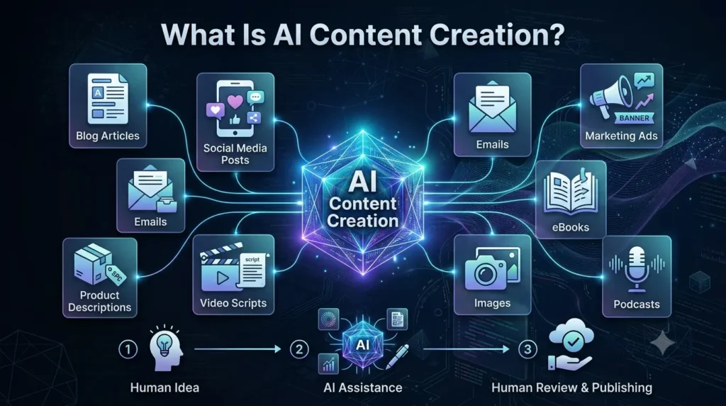 Educational infographic explaining AI content creation, showing how human ideas and AI assistance work together to create valuable digital content.