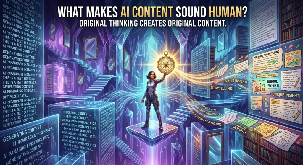 Premium FTPLAYEZ™ illustration showing how original thinking, creativity, and human experience transform AI-generated content into natural, engaging, and trustworthy writing.