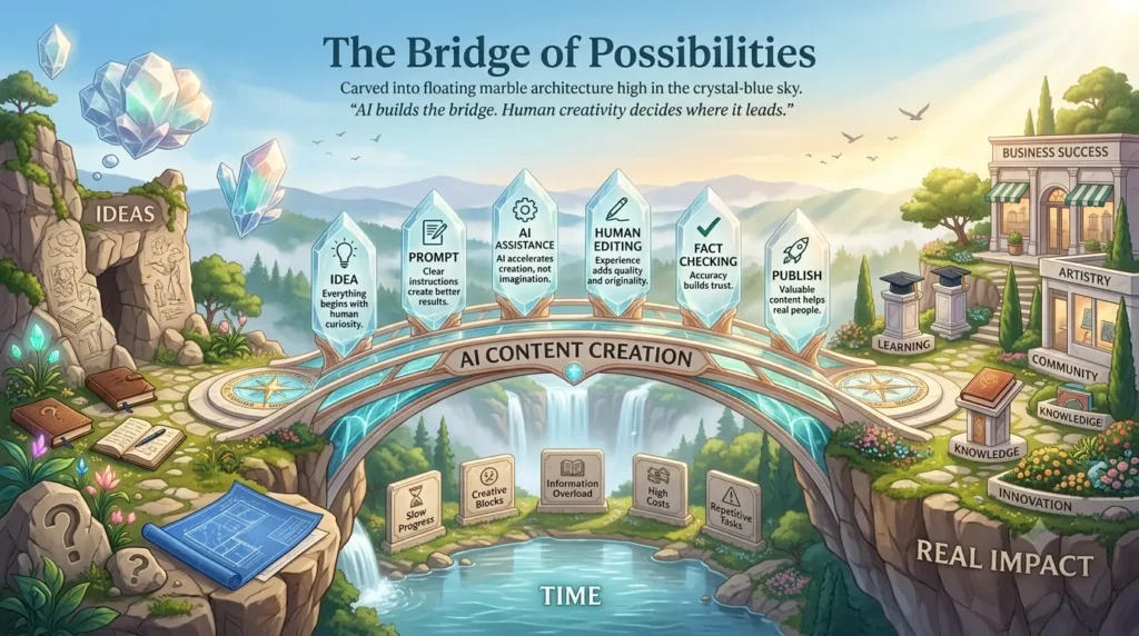 Educational illustration of the Bridge of Possibilities showing how AI content creation helps transform human ideas into real-world impact through prompting, AI assistance, editing, fact-checking, and publishing.