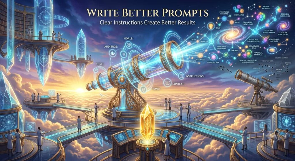 Premium FTPLAYEZ™ illustration showing how clear prompts with audience, context, goals, and writing style produce more accurate, helpful, and high-quality AI content.